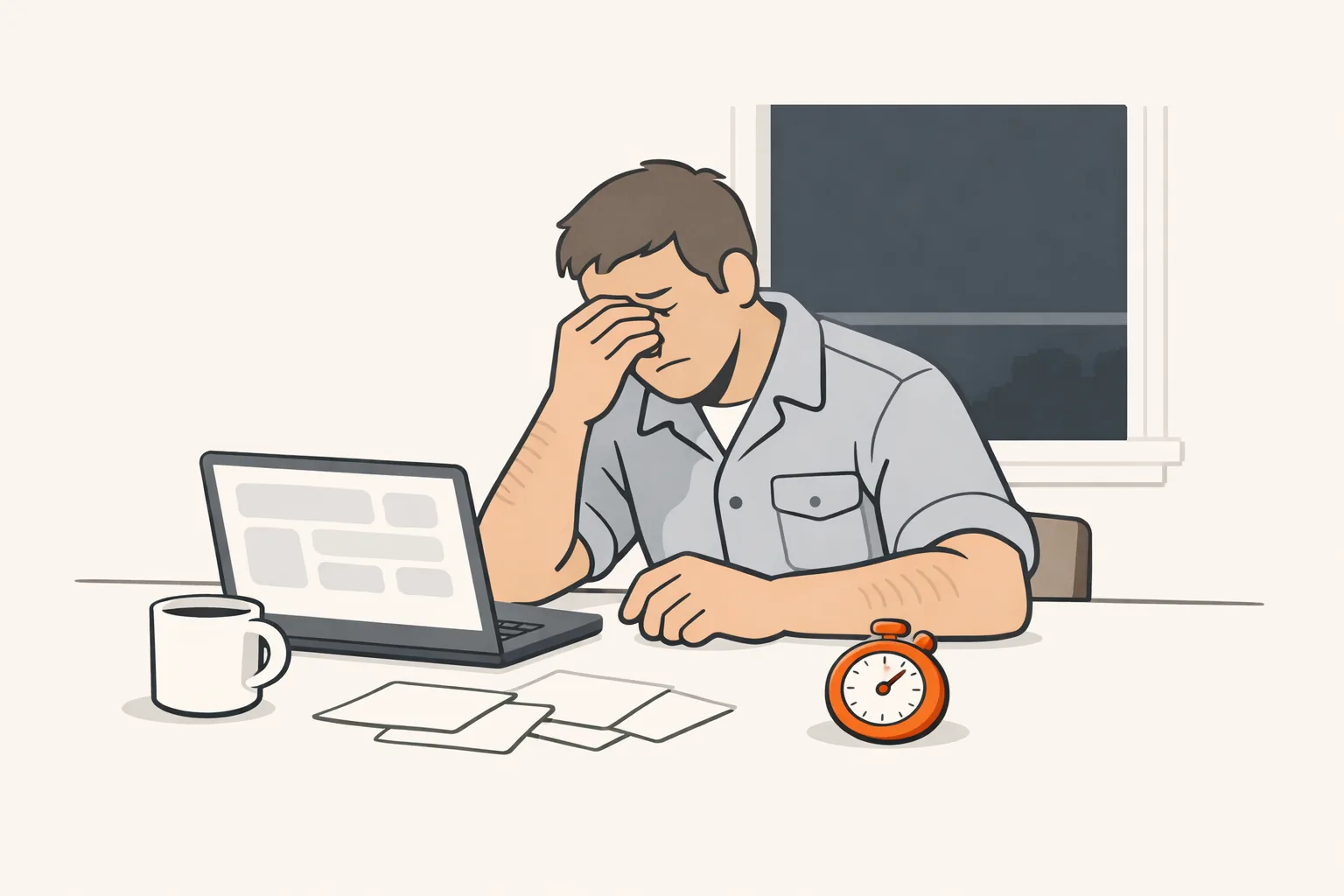 A plumber at his kitchen table after closing, laptop open, paper slips spread out, an orange stopwatch by his hand