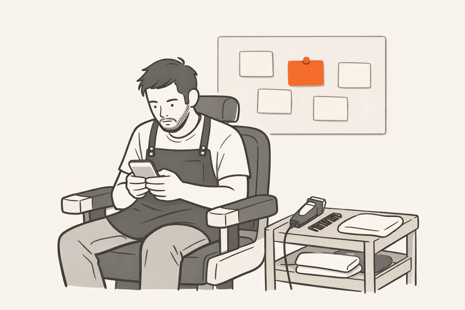 A barber sits in an empty barber chair after closing, reading a phone, one orange card pinned among cream cards on the wall