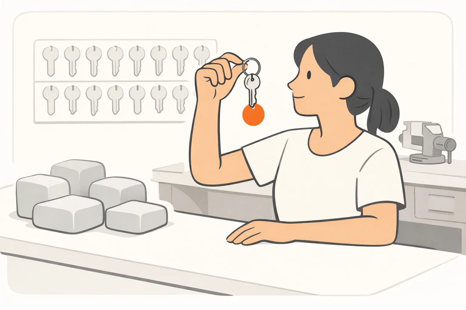 A locksmith at her bench holding a freshly cut key up to the light, a plain orange disc on the keyring