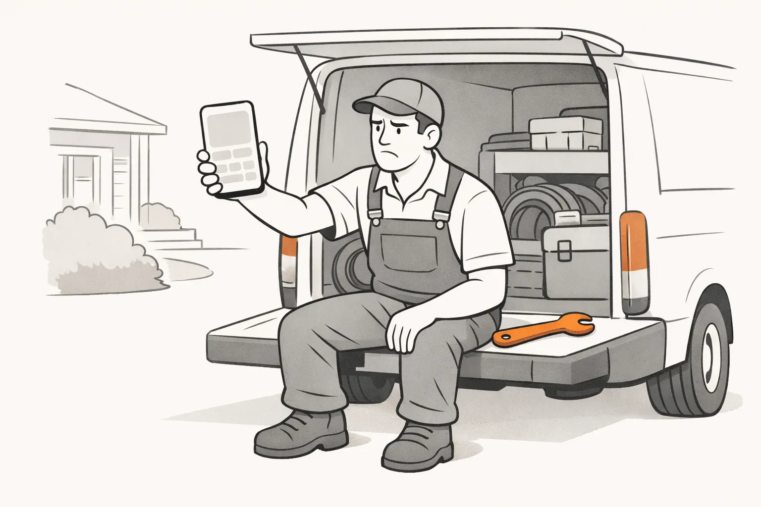 A plumber on his van tailgate frowning at a phone showing an empty page layout, an orange wrench beside him