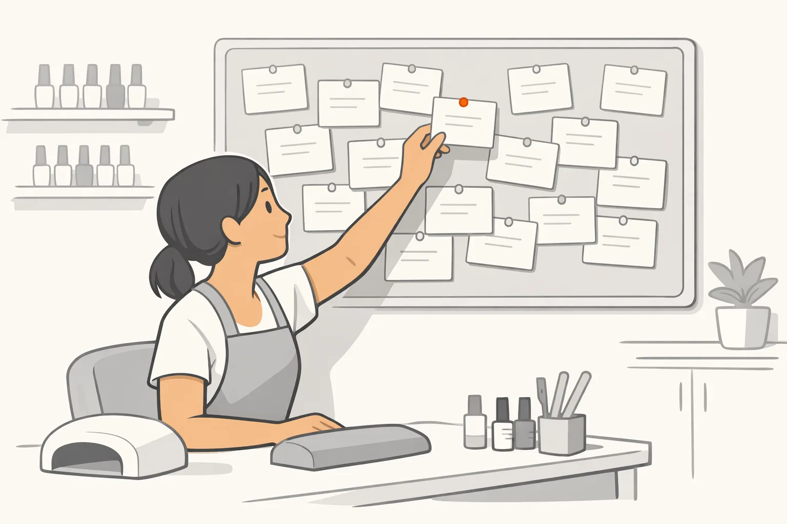 A nail tech at her salon table pins a small blank card to a wall board of customer cards, one orange pin holding it