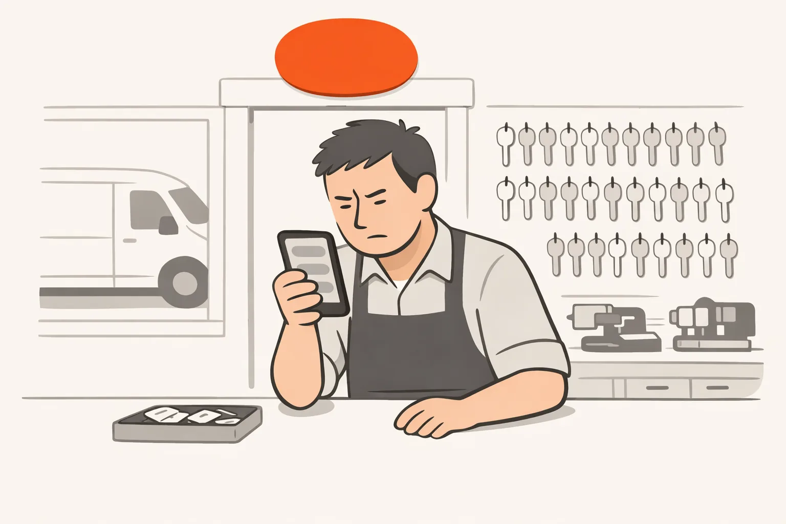 A locksmith at his shop counter squinting at his phone, key blanks on the wall behind him, an orange disc above the door