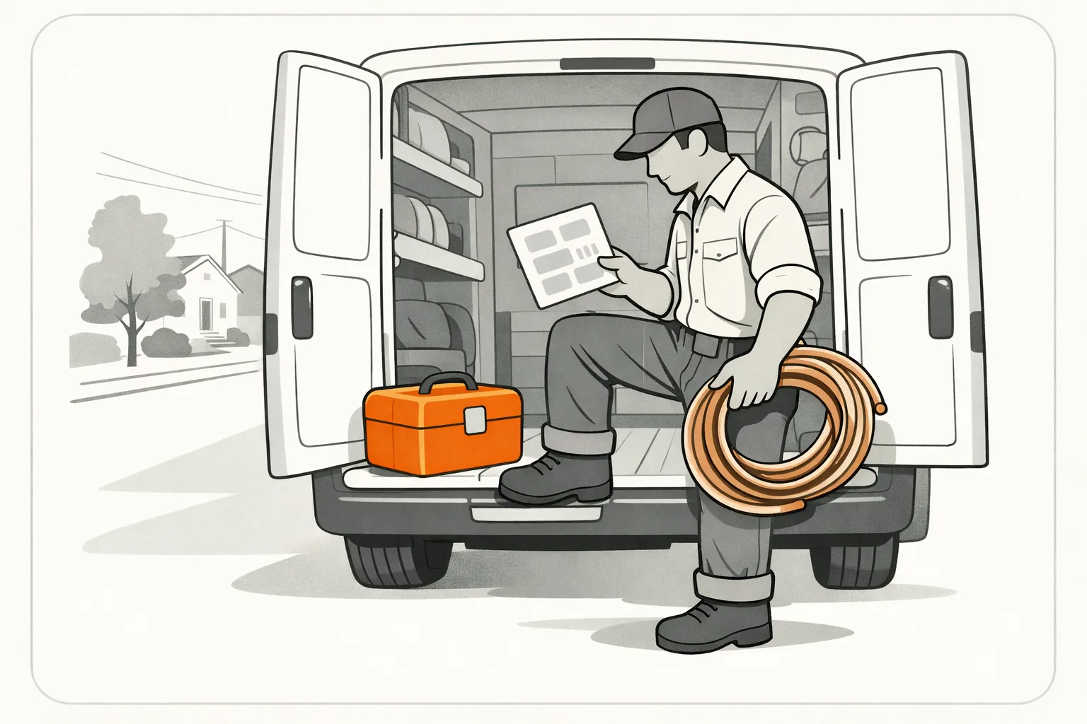 A plumber at the open back doors of his work van, checking a tablet, an orange toolbox beside him on the van floor