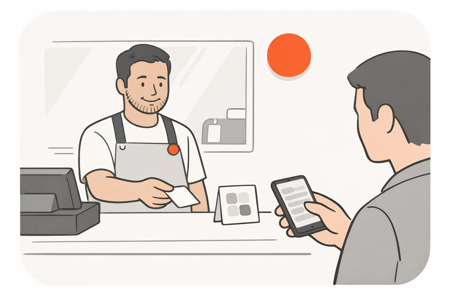A barber hands a receipt across his counter to a customer holding a phone, with one orange disc on the wall behind him