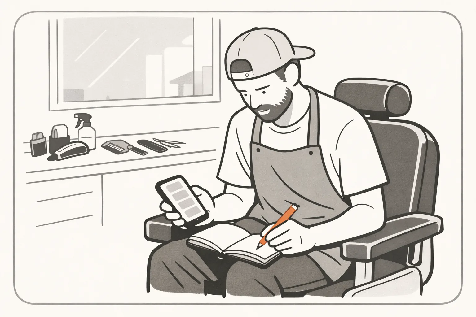 A barber in an empty barber chair checking a phone and noting numbers in a notebook with an orange pencil