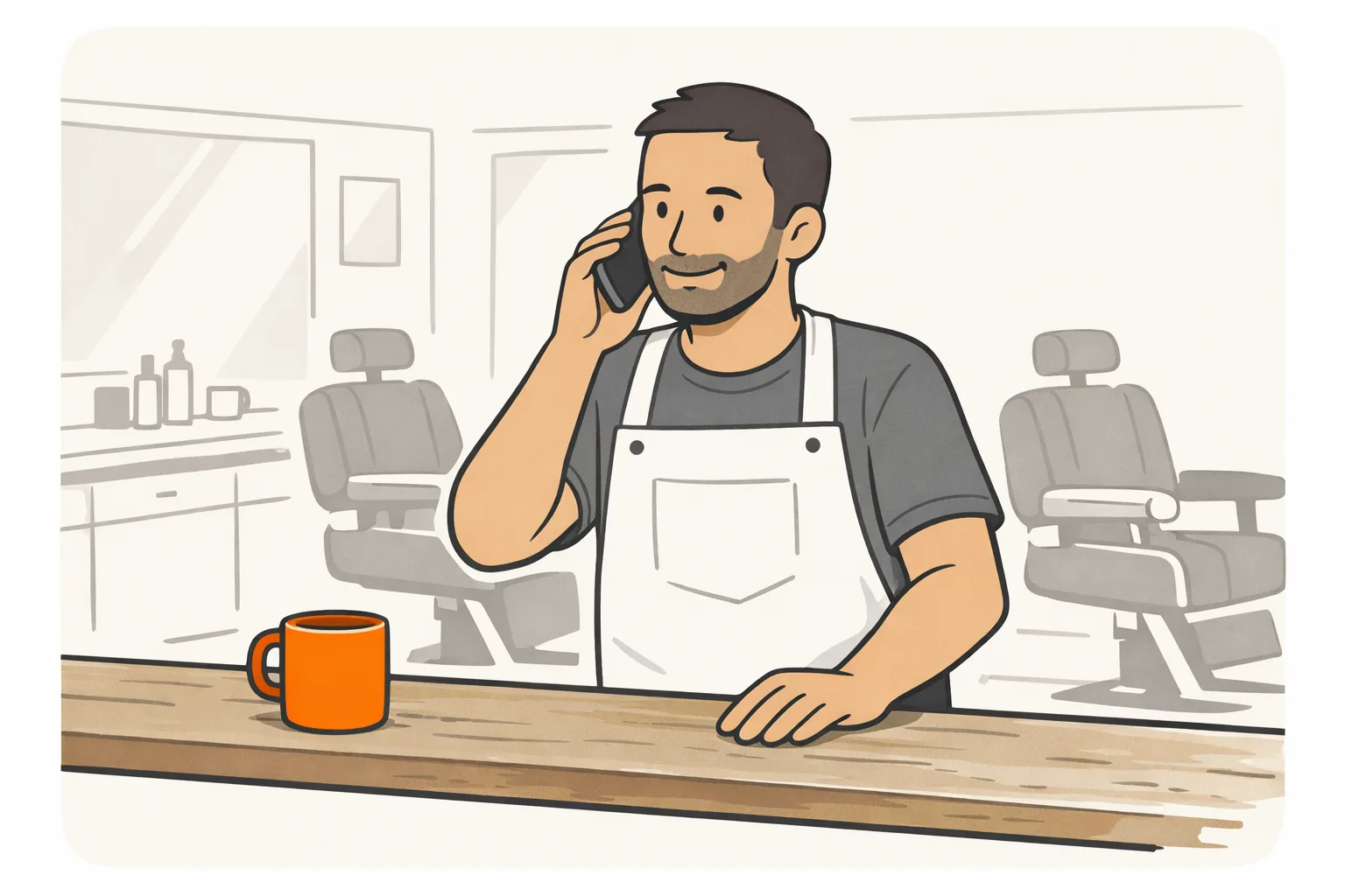 A barber at his shop counter between haircuts, listening on the phone, an orange mug beside his hand, empty chairs behind