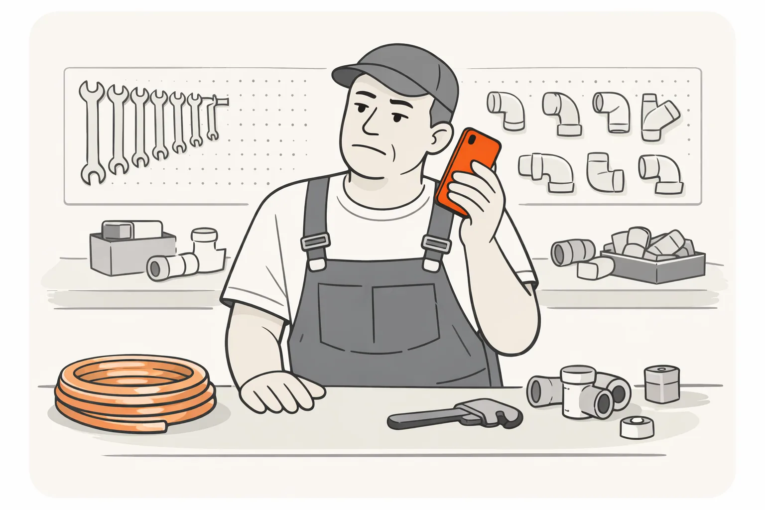 A plumber in his workshop holds a phone away from his ear, unconvinced by a sales pitch, the case the one spot of orange