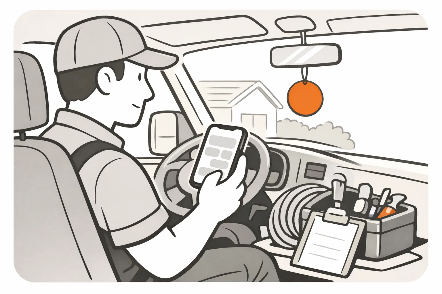 A plumber in his work van, thumb over the lower half of his phone, an orange disc hanging from the rearview mirror