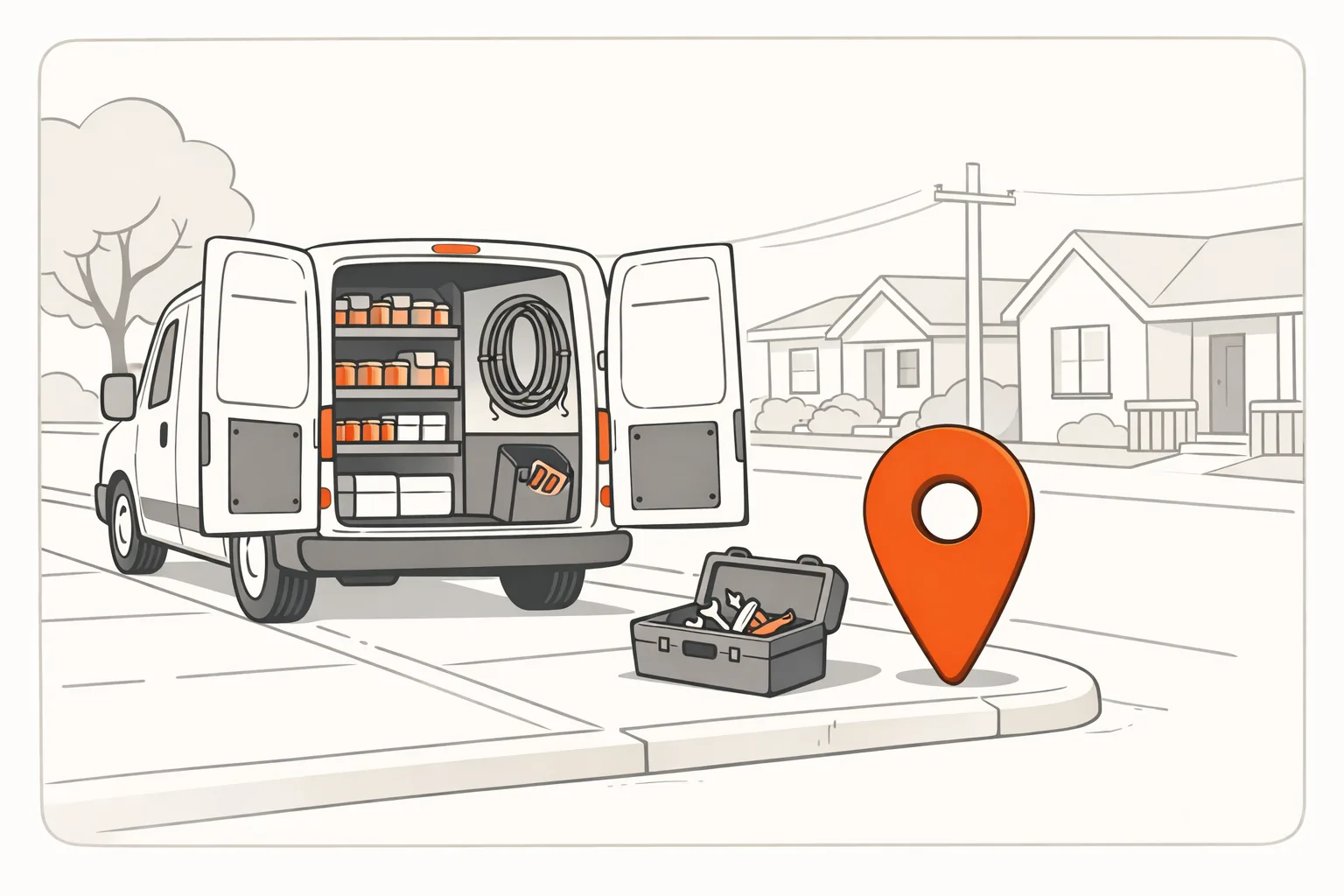 A white work van at the curb of a quiet residential street, rear doors open, an oversized orange location pin on the sidewalk