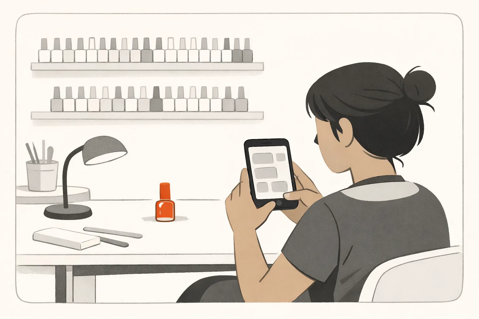 A nail technician at her studio table after closing, looking at her phone beside a single orange polish bottle