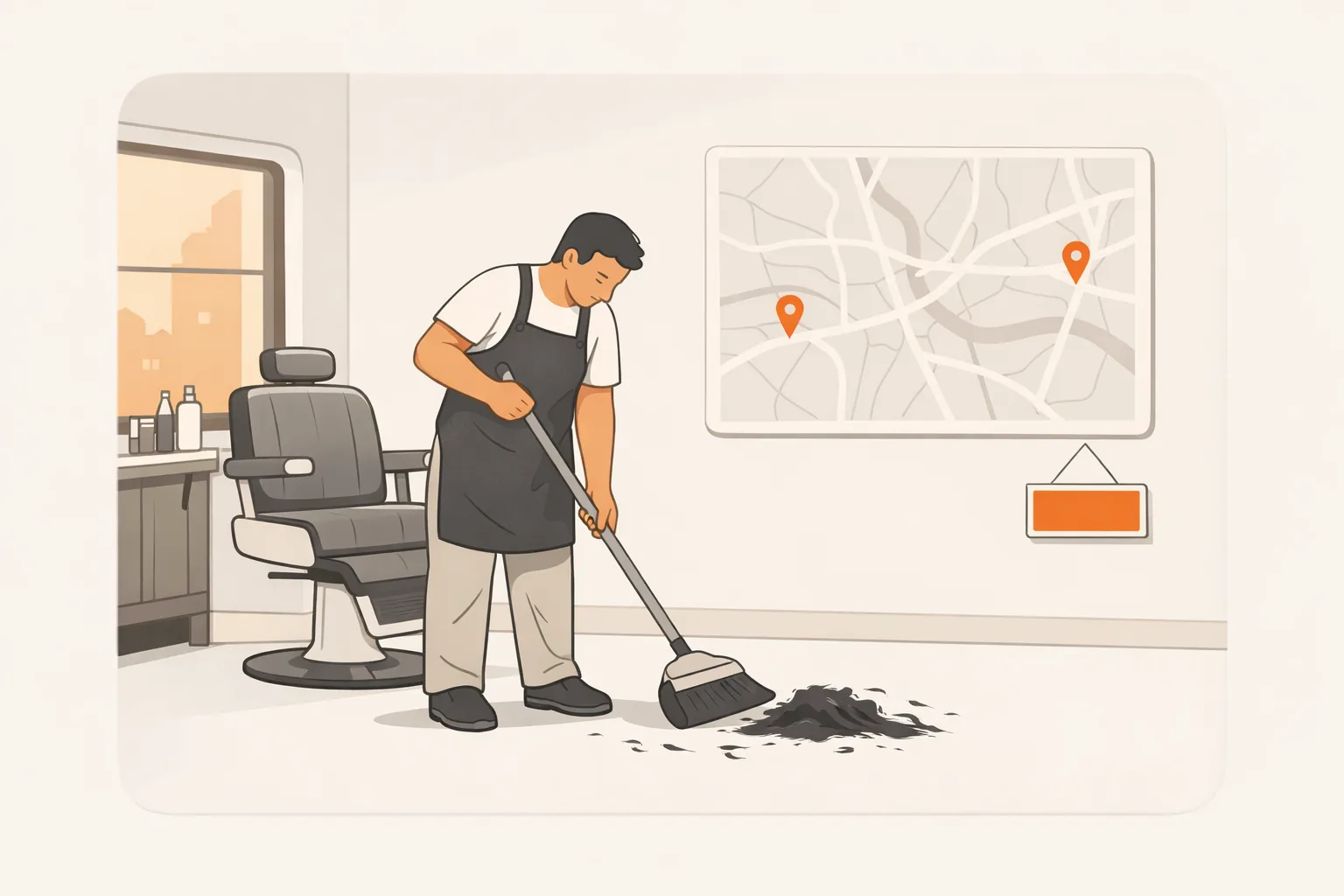 A barber sweeping up at closing in a second shop, a city map on the wall with two orange pins across town