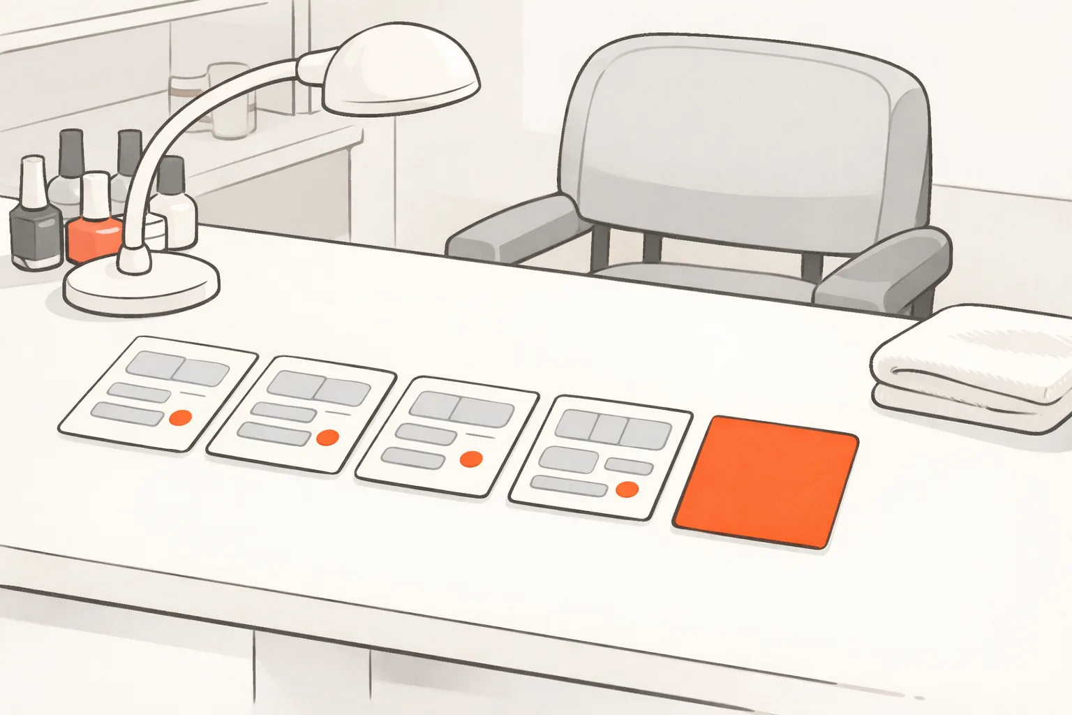A nail technician's empty station, five index cards laid in a row on the counter, one of them orange, lamp still on