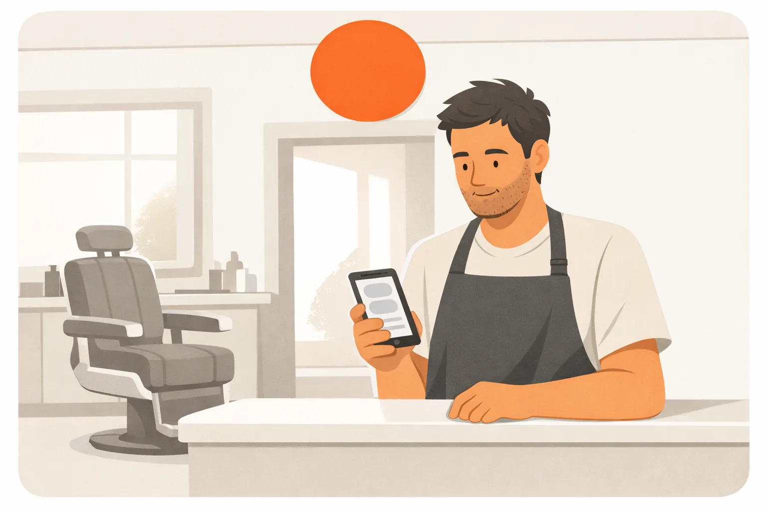 A barber at his shop counter checking his phone, his chair and mirror behind him, an orange disc above the doorway