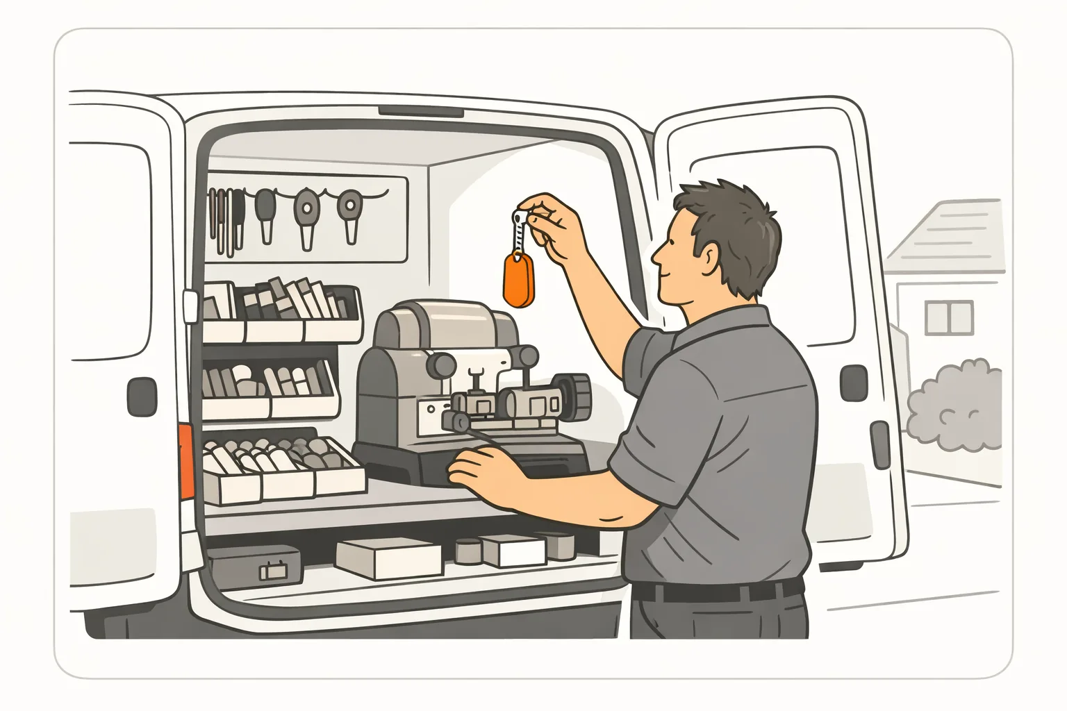 A locksmith at the open back of his work van, holding up a freshly cut key with an orange fob, tools in separate trays