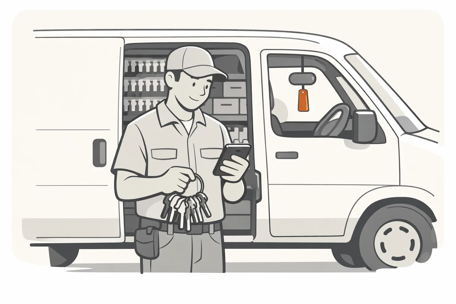 A locksmith at the open side door of his work van, checking his phone, an orange key tag hanging from the mirror