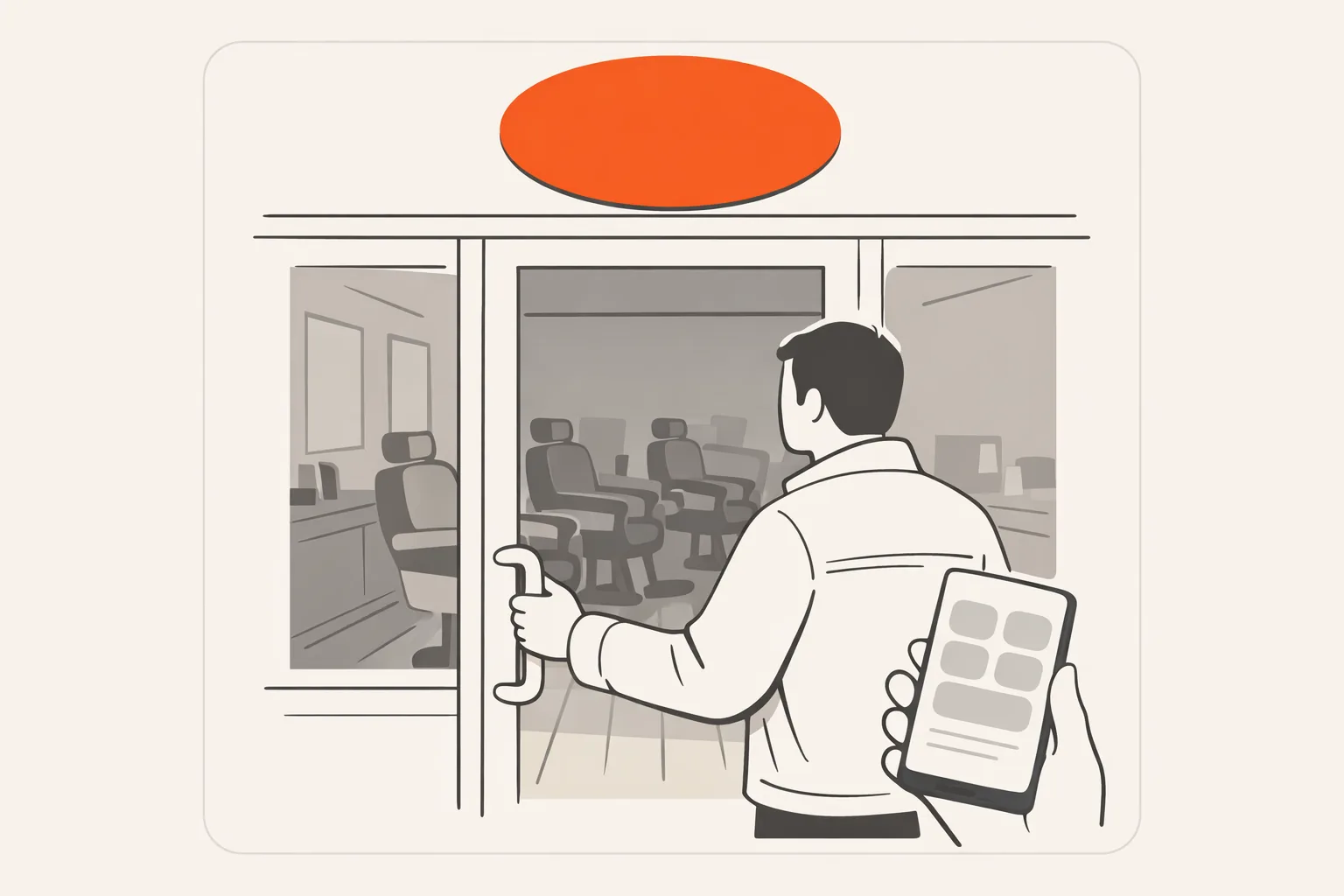 A customer trying the closed glass door of a barbershop, phone in hand, a plain orange disc above the door