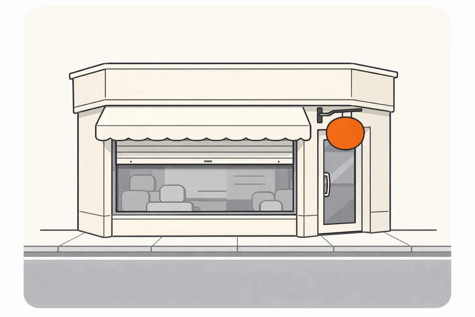 A small corner storefront at dawn, shutter half raised, a plain orange disc hanging above the door, nobody on the street