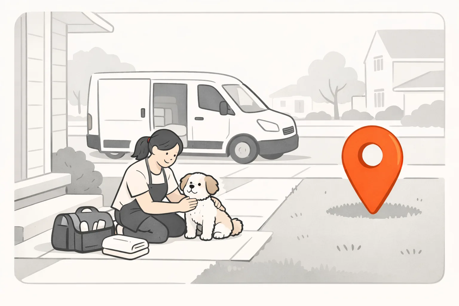 A mobile dog groomer with a small dog on a customer's front path, a van at the curb, an orange map pin on the lawn