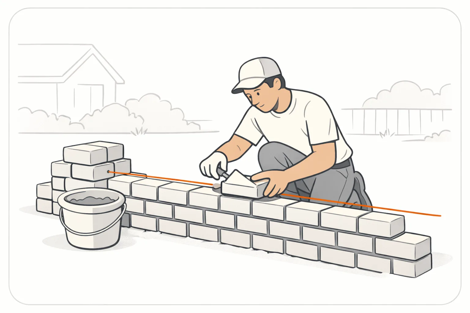 A mason sets one brick on a low, even wall at a job site, a taut orange string line running along the top of the course