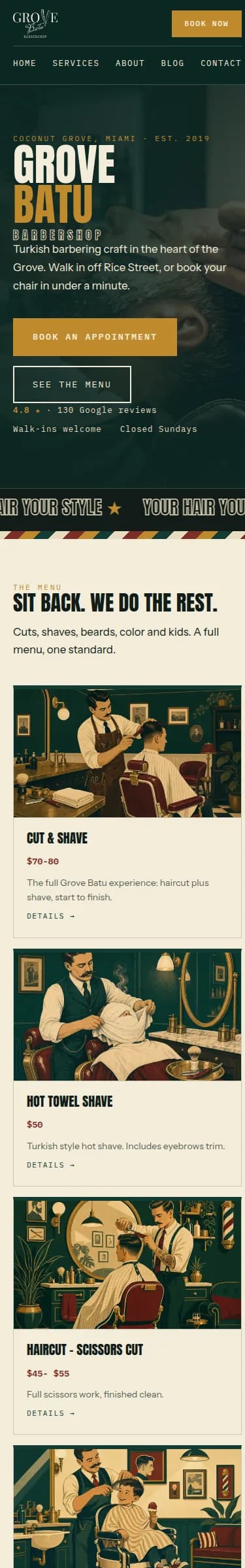 The Grove Batu homepage on a phone: hero photo, name, book button, rating