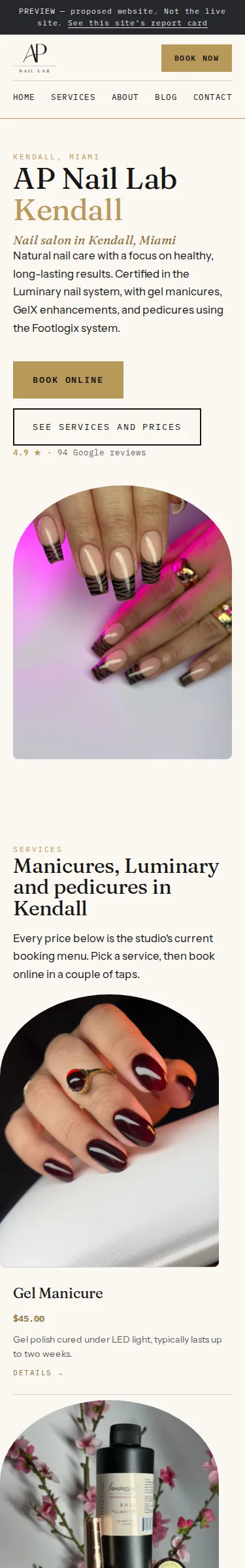 The AP Nail Lab homepage on a phone: nail photo, name, book button, rating