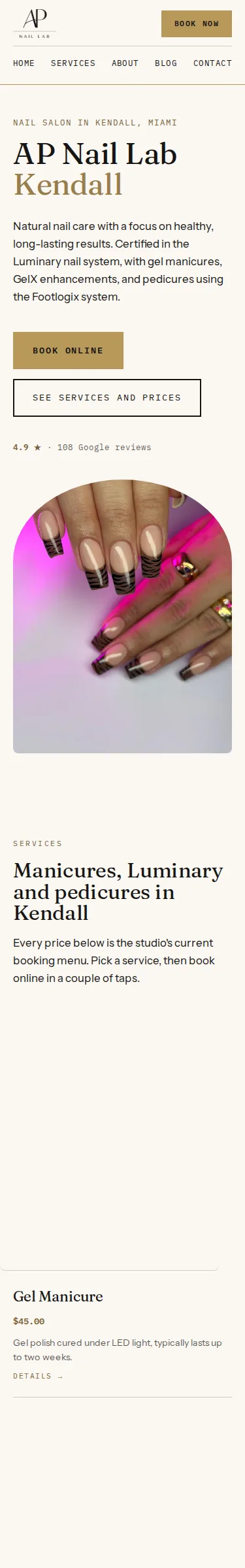 The AP Nail Lab homepage on a phone