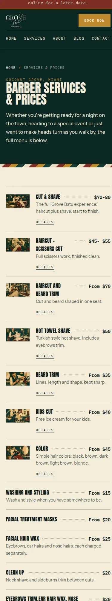 The Grove Batu services page listing each service with its price