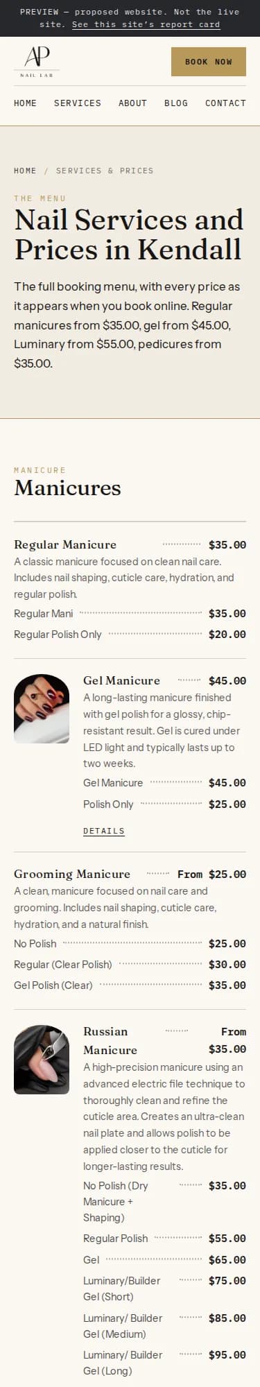 The AP Nail Lab services page listing each service with its prices