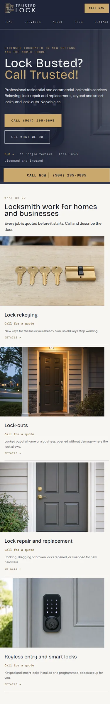 The Trusted Lock homepage: navy ground, gold accents, a call button above the fold
